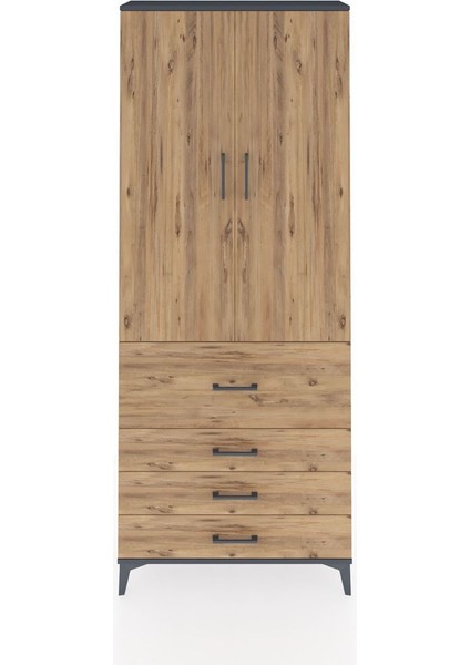 Arges Dolap 3 Raflı 4 Çekmeceli 2 Kapaklı 88X30X221 Antrasit-Çam