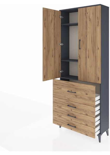 Arges Dolap 3 Raflı 4 Çekmeceli 2 Kapaklı 88X30X221 Antrasit-Çam fırsatları