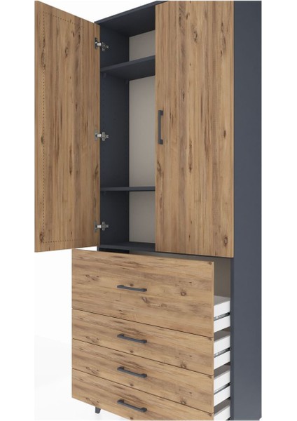 Arges Dolap 3 Raflı 4 Çekmeceli 2 Kapaklı 88X30X221 Antrasit-Çam indirimleri