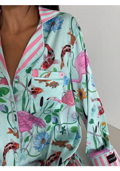 Mavi Pembe Baskılı Ipek Saten Uzun Pijama Takımı fırsatları