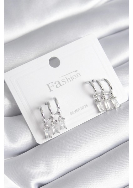 Pirinç Gümüş Renk 3'lü Sallantı Zirkon Taşlı Küpe - TJ-BKP8421