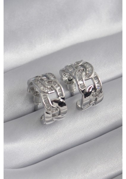 Pirinç Gümüş Renk Zirkon Taşlı Zincir Model Kadın Küpe - TJ-BKP8451