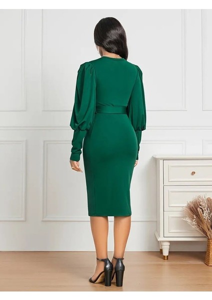Eyesof Kadın Uzun Kollu Bisiklet Yaka Beli Kuşaklı Ithal Krep Midi Elbise fırsatları