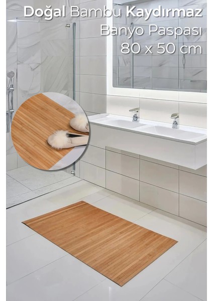 Doğal Bambu Kaydırmaz Banyo Matı, 80X50 Cm, Bej Renkli, Kaymaz Taban