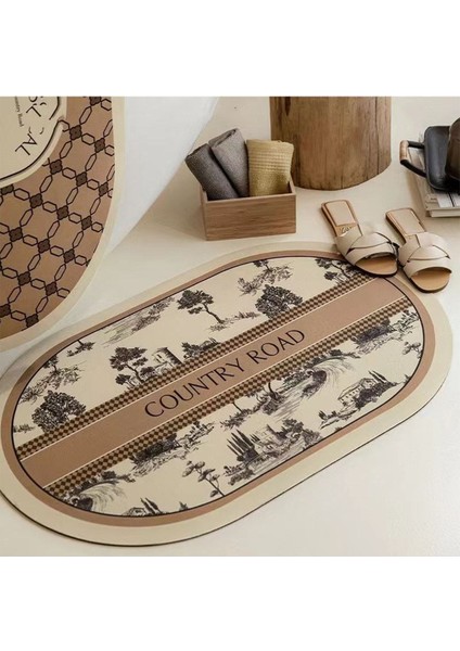 Country Desenli Kahverengi Su Emici Banyo Halısı, Oval Duş Önü Paspası