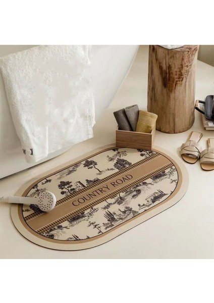 Country Desenli Kahverengi Su Emici Banyo Halısı, Oval Duş Önü Paspası modelleri