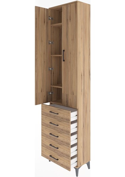Arges Dolap 4 Raflı 5 Çekmeceli 2 Kapaklı 60X30X243 Çam-Çam fırsatları