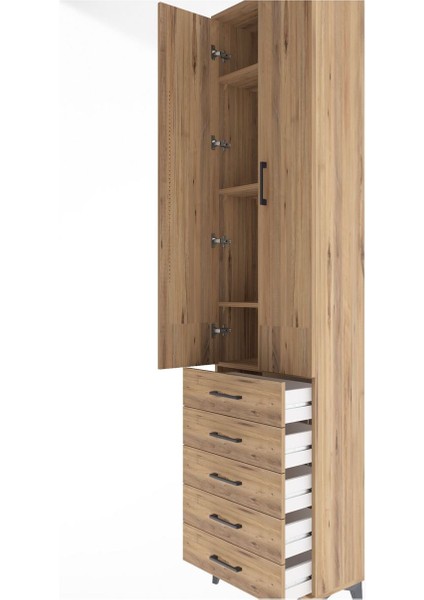 Arges Dolap 4 Raflı 5 Çekmeceli 2 Kapaklı 60X30X243 Çam-Çam indirimleri