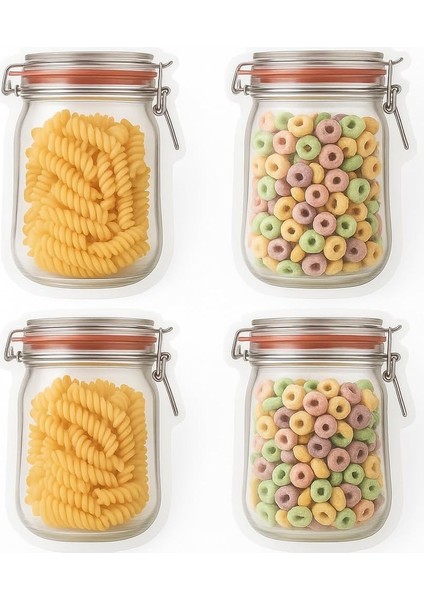 4&apos;lü Kilitli Saklama Poşeti, Kavanoz Görünümlü | 500 ml | Gıda Saklama,, Kurabiye, Makarna, Atıştırmalık Için Uygun | Pe Malzeme | Zararlı Kimyasal Içermez