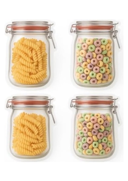 4&apos;lü Kilitli Saklama Poşeti, Kavanoz Görünümlü | 500 ml | Gıda Saklama,, Kurabiye, Makarna, Atıştırmalık Için Uygun | Pe Malzeme | Zararlı Kimyasal Içermez fiyatları