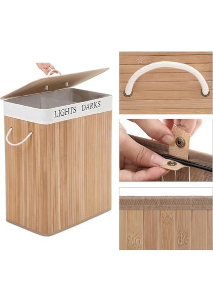 Bambu Katlanabilir Kirli Çamaşır Sepeti, Yıkanabilir Astar Torbalı, Sele Görünümlü Şık ve Dayanıklı Çamaşır Sepeti, Kapaklı ve Ergonomik Tasarım (2 Bölmeli) modelleri