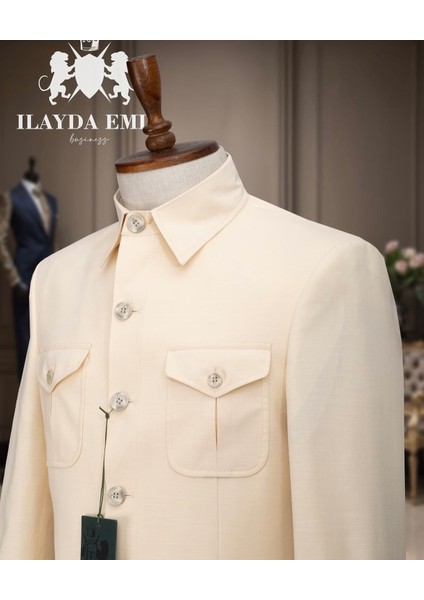 Özel Tasarım Italyan Kesim Safari Erkek Takım Elbise Krem fiyatları