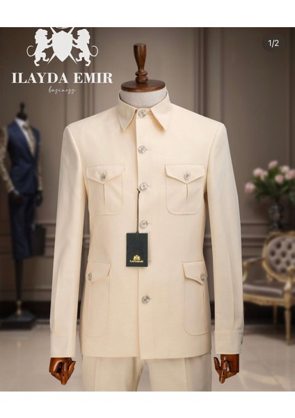 Özel Tasarım Italyan Kesim Safari Erkek Takım Elbise Krem modelleri