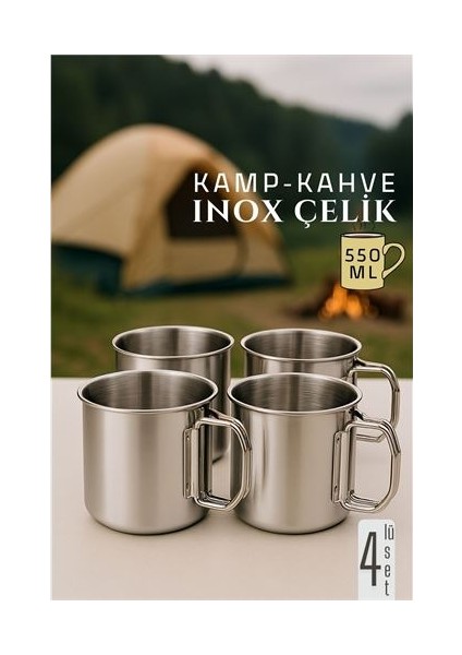 Inox Çelik Kamp Kupası - Kamp Bardağı 550 ml 4 Lü Set