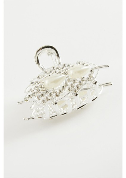 Yaprak Inci Taşlı Metal Mandal Toka 4,5 cm