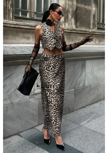 Leopar Desenli Gabardin Takım -Multi