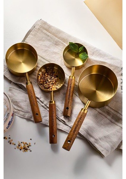 Vasto 4'lü Büyük Boy Paslanmaz Çelik Ahşap Saplı Ölçü Kaşığı Seti Ölçü Kabı 60ML 80ML 125ML 250ML
