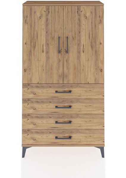Arges Dolap Tek Raflı 4 Çekmeceli Tek Askılı 88X30X163 Çam-Çam