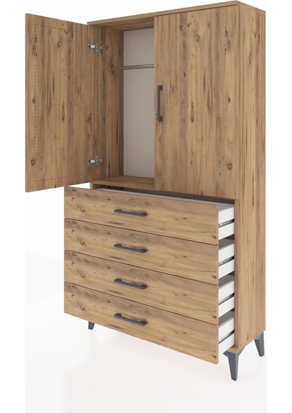 Arges Dolap Tek Raflı 4 Çekmeceli Tek Askılı 88X30X163 Çam-Çam fırsatları
