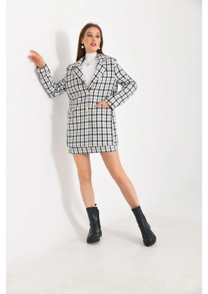 Kadın Blazer Ceket Ekose Desen Uzun Blazer Ceket Beyaz - KRN029
