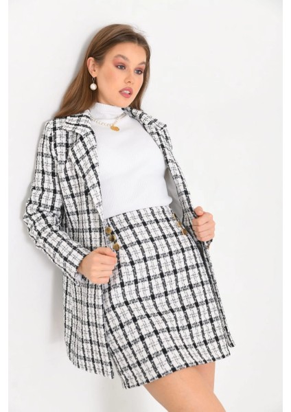 Kadın Blazer Ceket Ekose Desen Uzun Blazer Ceket Beyaz - KRN029 modelleri