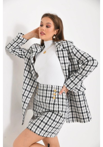Kadın Blazer Ceket Ekose Desen Uzun Blazer Ceket Beyaz - KRN029 fırsatları
