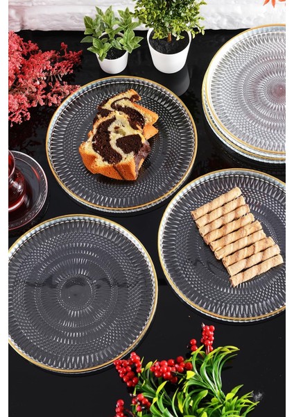 Marsilya Cam Pasta-Kek-Tatlı Tabağı 6&apos;lı Şeffaf/kenarı Yaldızlı-21 cm