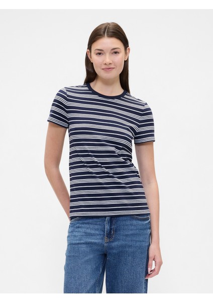 Kadın Lacivert Çizgili Crewneck T-Shirt