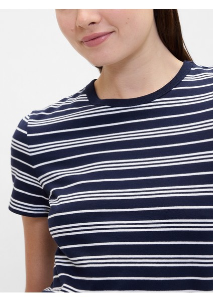 Kadın Lacivert Çizgili Crewneck T-Shirt modelleri