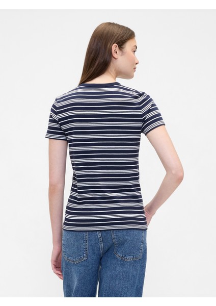 Kadın Lacivert Çizgili Crewneck T-Shirt indirimleri