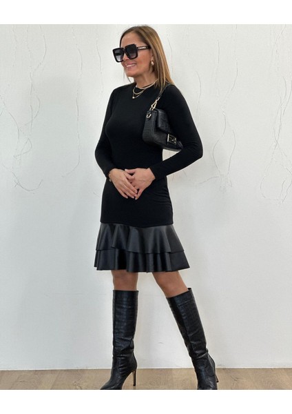 Kadın Uzun Kollu Bisiklet Yaka Üst Viskon Etek Ucu Deri Kısa Elbise fiyatları
