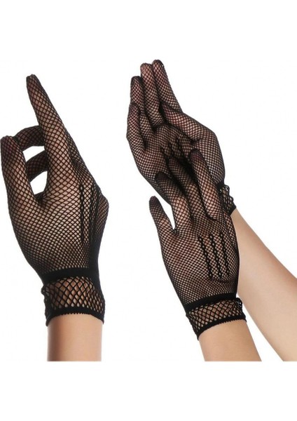 Siyah Renk Likralı File Eldiven Parmaklı Örgü Eldiven Yetişkin Boy