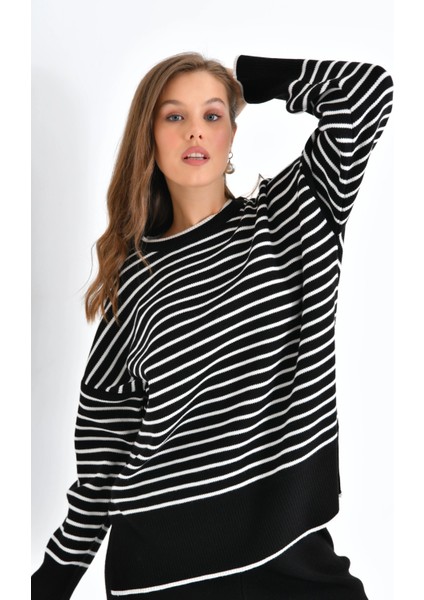 Kadın Kazak Pantolon 2'li Set Takım Çizgili Pantolonlu Kazak ve Pantolon - 10306