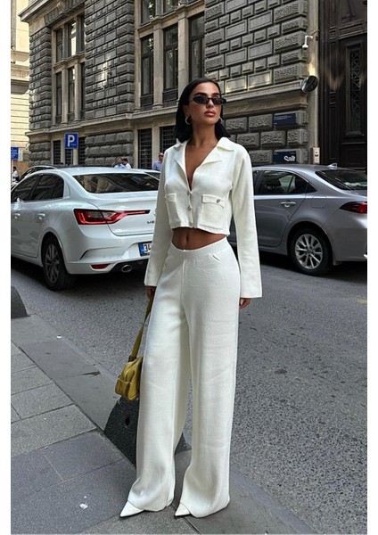 Nancy Kruveze Yaka Crop Takım -Ekru