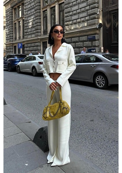 Nancy Kruveze Yaka Crop Takım -Ekru modelleri