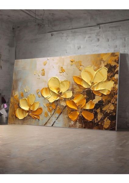 Kanvas Tablo Altın Renkli Çiçek Salon Oturma Odası Kanvas Tablo 70 x 100