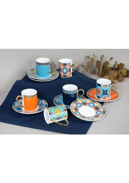 Avangart Serisi Etnik Desenli 6&apos;lı Türk Kahvesi Fincanı Seti