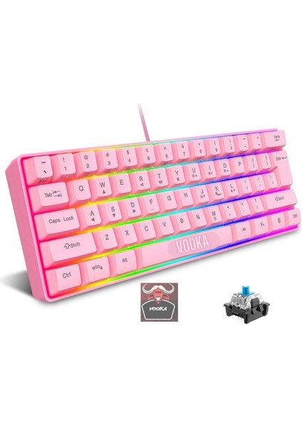 Trol Switch Mini Rgb Oyun Klavyesi Gaming 62 Tuşlu 18 Rgb LED USB Tip-C Kablosu Pembe Uyumlu