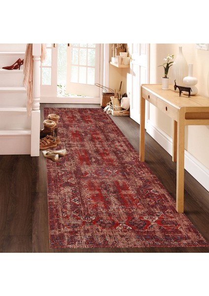 Kırmızı Dijital Baskılı Yolluk, Salon ve Mutfak Için Yıkanabilir Konfor