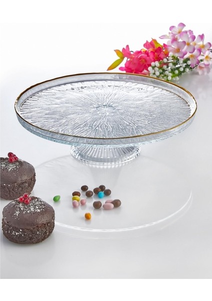 Cam Ayaklı Pasta Yaldızlı Detaylı Servis Sunum Tabağı - Kek - Meyvelik - Sunumluk