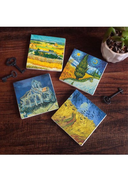 Van Gogh Hasat Manzarası, Yıldızlı Yol, Buğday Tarlası ve Kargalar, Kilise Taş Altlığı Seti - 4 Parça - Dekoratif, Mutfak Aksesuarı, 10X10 Cm, Kaydırmaz Tabanlı SC225