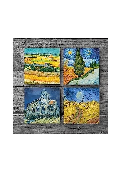 Van Gogh Hasat Manzarası, Yıldızlı Yol, Buğday Tarlası ve Kargalar, Kilise Taş Altlığı Seti - 4 Parça - Dekoratif, Mutfak Aksesuarı, 10X10 Cm, Kaydırmaz Tabanlı SC225 fiyatları