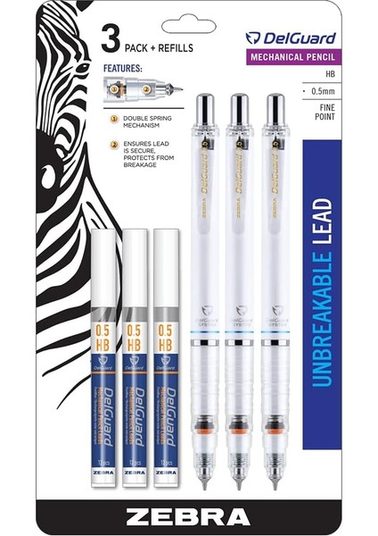 Pen Delguard Mechanical Pencil, Point, 0.5mm, Barrel, Lead,, 3-Pack