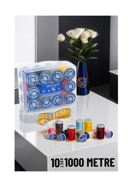 Hsnet 10 Renk 1000 mt Kutulu Mezuralı Dikiş Ipliği Seti