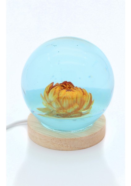 Küçük Turuncu Çiçekli Yuvarlak Epoksi Gece Lambası, Sıcak ve Şık Dekorasyon Parçası