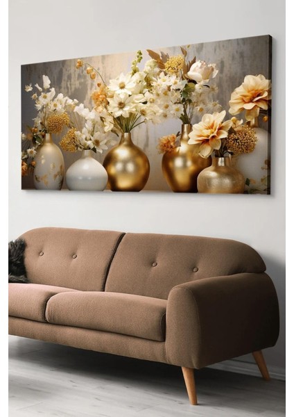 Kanvas Tablo Gold Vazoda Çiçekler Tek Parça Kanvas Tablo 40 x 80