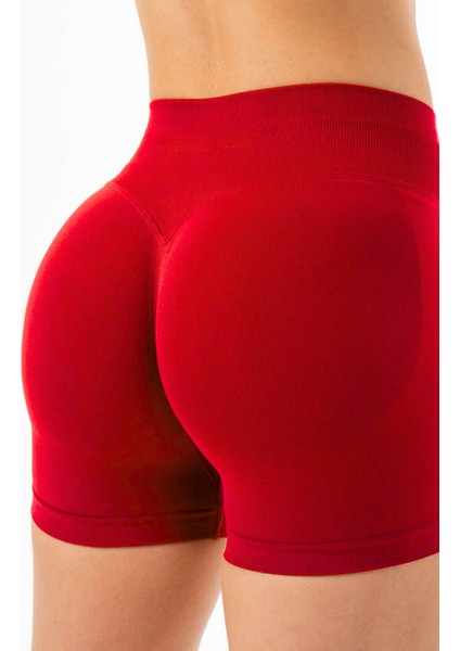 Luna Büzgülü Seamless Toparlayıcı Yüksek Bel Push-Up Dikişsiz Spor Şort - Kırmızı