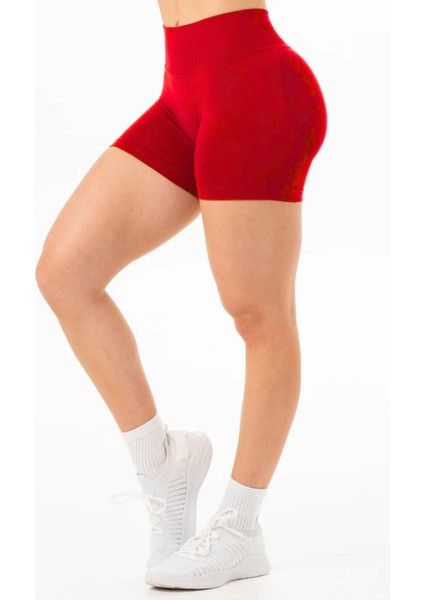 Luna Büzgülü Seamless Toparlayıcı Yüksek Bel Push-Up Dikişsiz Spor Şort - Kırmızı modelleri