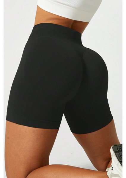 Luna Büzgülü Seamless Toparlayıcı Yüksek Bel Push-Up Dikişsiz Spor Şort - Siyah