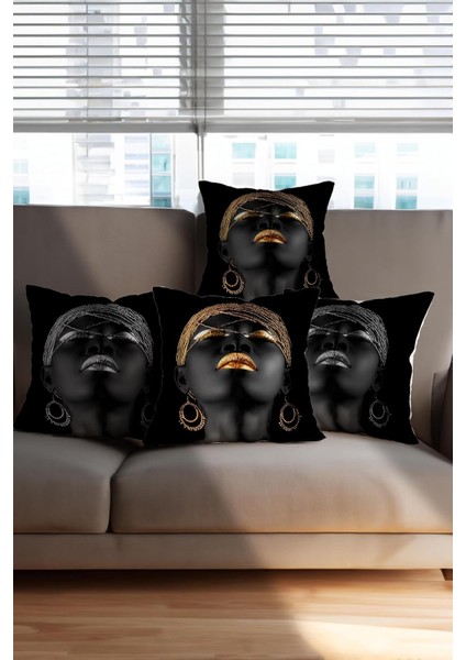 Kadife Dekoratif Kırlent Kılıfı Seti, 4&apos;lü, Siyah- Baskı, Gizli Fermuarlı